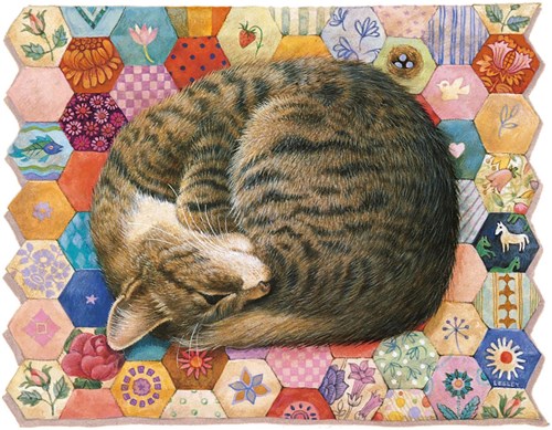 Gemma asleep on pink patchwork